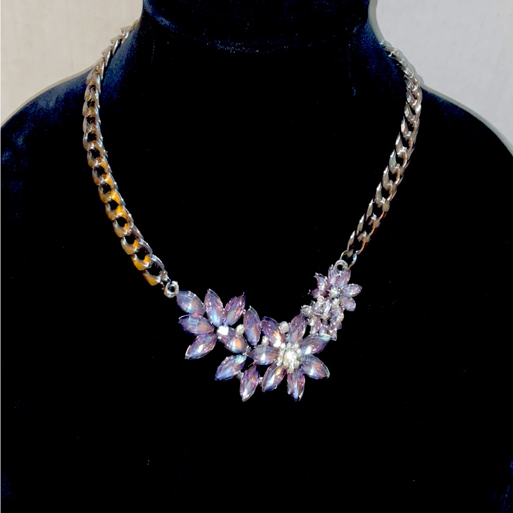 Wet Seal Vintage Clear & Purple Crystal Flower Antique Silver Chain Necklace 20